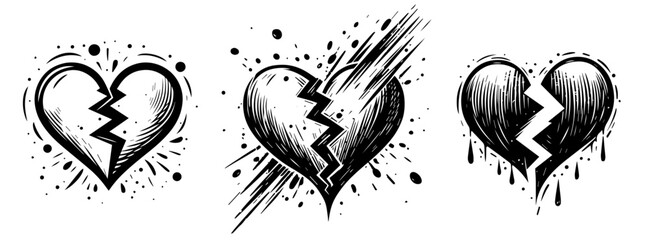 broken heart symbol of unhappy love black vector - obrazy, fototapety, plakaty