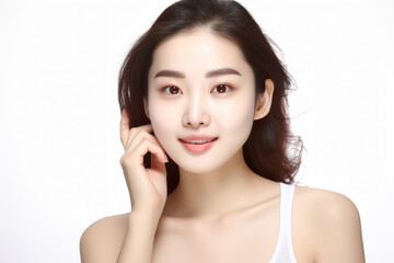 Woman with long brown hair and white tank top is smiling for camera
