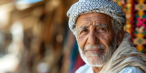 Old Middle Eastern man standing in a traditional village context. Concept Cultural Heritage, Traditional Attire, Village Setting, Elderly Portrait - obrazy, fototapety, plakaty