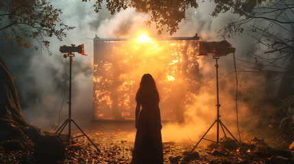 Silhouette of a person standing before a dramatic fiery explosion on a movie set, with lighting equipment on either side. - obrazy, fototapety, plakaty