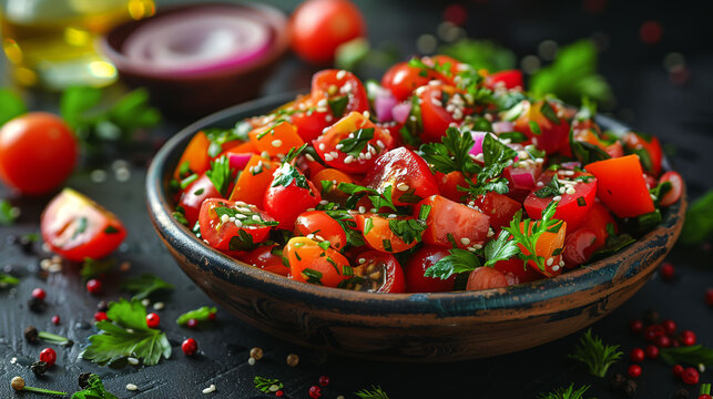Fresh tomato salsa in a rustic bowl with herbs and spices on a dark background.