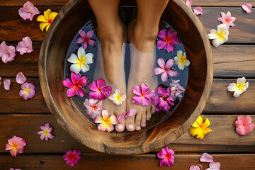 Obraz na płótnie Canvas Foot wooden basin with water and petals of tropical flowers, spa pedicure treatment, beauty female legs, top view
