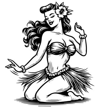 pin-up girl dancing hula in hawaiian palm leaf skirt black vector