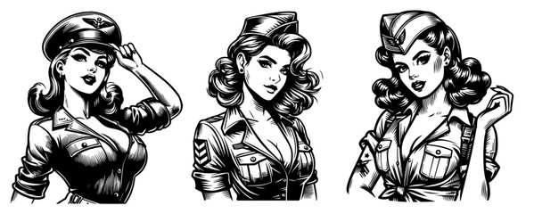 pin-up girls in military aviation uniform, black vector