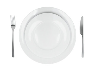 Two white round empty plates with fork and knife, top view. PNG isolated on transparent background