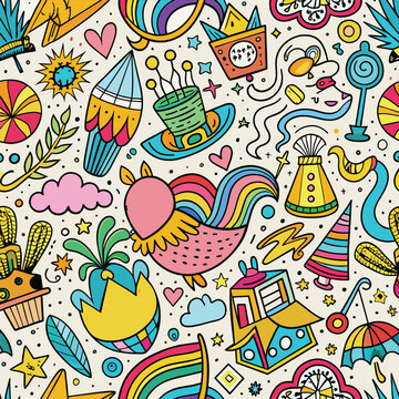 Fun colorful line doodle seamless pattern. Creative minimalist style art background for children or trendy design with basic shapes.