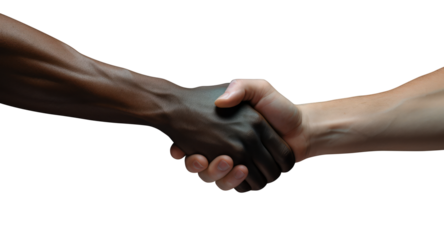 Two hands in a handshake on a white isolated background. Concept of agreement and diversity. Generative AI