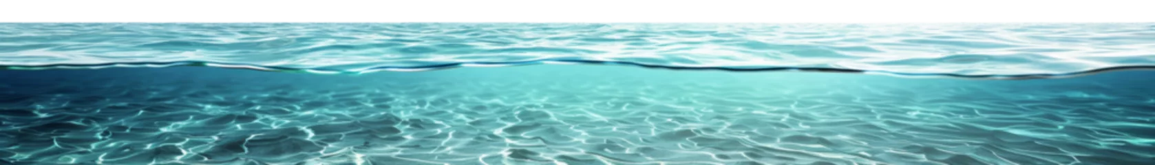 Fotobehang Underwater view with sandy sea bottom and wavy water surface. Realistic graphic style on light background. Ocean concept. Generative AI © ImageFlow