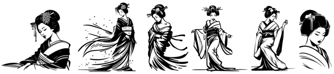 Japanese geisha, traditional elegance, black vecto laser cutting engraving