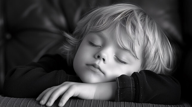 Black and white image of a peaceful young child sleeping with head resting on arms.