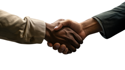 Two people performing a handshake, real-life style, against a isolated white background. Business and agreement concept. Generative AI