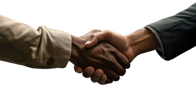 Two people performing a handshake, real-life style, against a isolated white background. Business and agreement concept. Generative AI