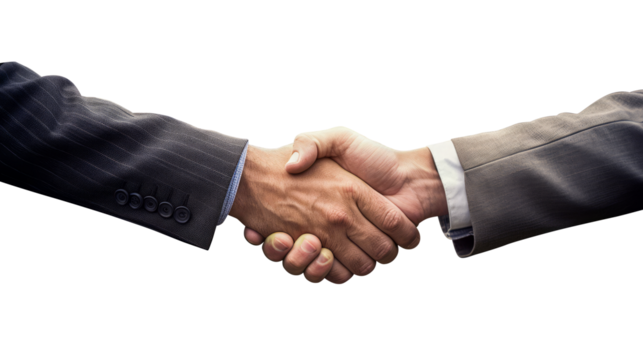 Two people in business attire engaging in a handshake, isolated on a white background, symbolizing agreement and partnership. Generative AI - Powered by Adobe