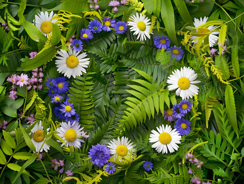 A wreath of meadow flowers, chamomile and cornflowers on a background of green herbs and ferns. Flower crown, symbol of Midsummer Day, the holiday of the summer solstice
