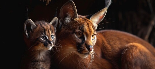 Male caracal and kitten portrait with blank space for text, object on right side