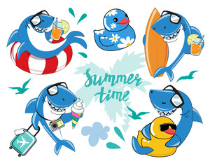 Cute collection with cartoon baby sharks. Summer concept for kids