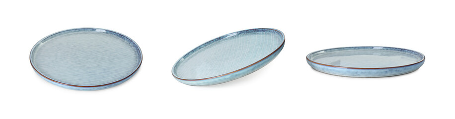 Empty ceramic plate isolated on white, set with different views