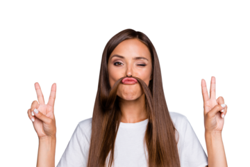 Fun prank joy entertainment concept.  Close up portrait of  young charming brunette shows v-sign and holds her hair over her lip like a fake mustache isolated on gray background