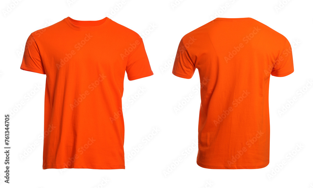 Wall mural Orange t-shirt with space for design isolated on white. Back and front views - Wall murals