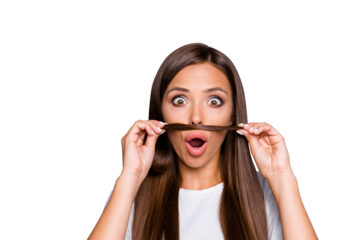 Portrait of brown-haired gorgeous attractive nice cute shocked amazed young lady grimacing with curl, fake mustache, opened mouth,  over grey background, isolated