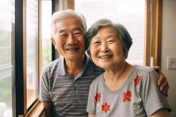 Obraz premium Cheerful elderly Asian couple sharing a joyful moment, with warm smiles and casual attire in a home setting.