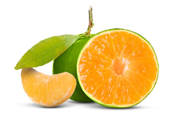 Fresh green tangerines isolated on white. Citrus fruit