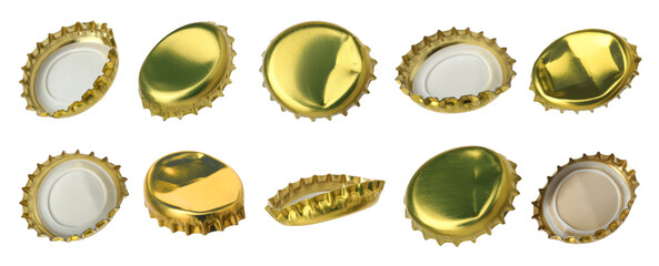 Golden beer bottle caps isolated on white, set - 761345194
