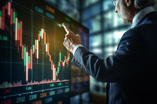 Senior businessman point to the screen show financial market chart graphic.