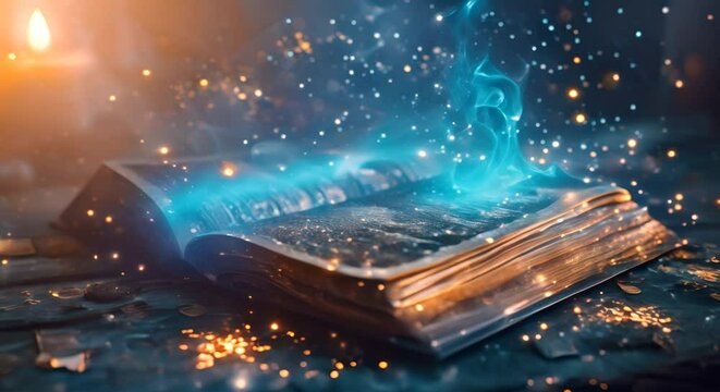 Magical book with glowing pages and floating symbols,