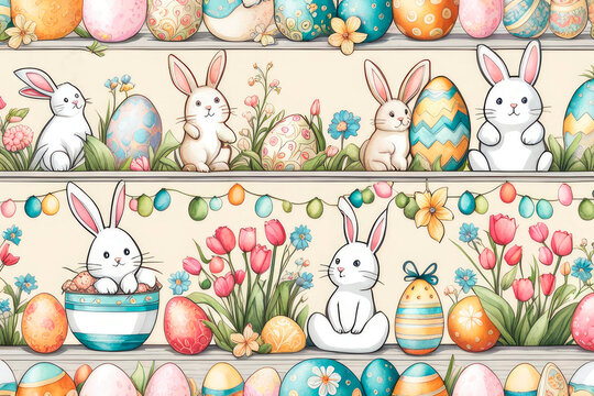 Watercolor hand drawn with sweet hand drawn bunnies, eggs and botanical elements seamless pattern.