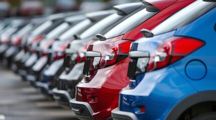 Selection of used cars for sale at a dealership, rows of vehicles ready for purchase - obrazy, fototapety, plakaty