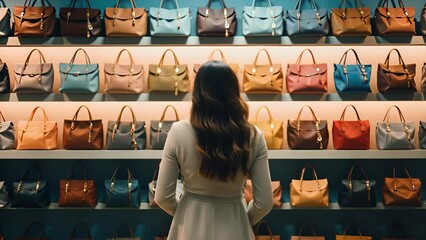A woman in a brand name bags store, back view