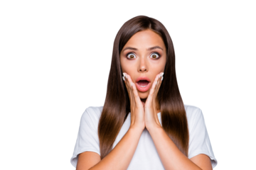 NO WAY! Close up portrait of frustrated girl with wide open eyes mouth holding palms near cheeks looking at camera isolated on gray background