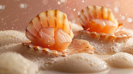 Sea delicacy. Fresh seafood. Cooked scallop on scallop shell and sea foam on white pink background. Side view food banner with copy space.