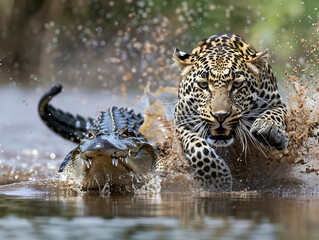 African animals illustration. Leopard attacks crocodile in the river. Life of wild animals.