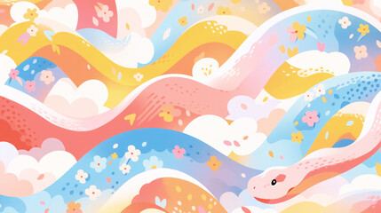 Fototapeta na wymiar 2025 Chinese New Year of Snake Template Background Cute Illustration in Rainbow Color Tone with Copy Space Lunar Calendar Design Happy Prosperous CNY 16:9