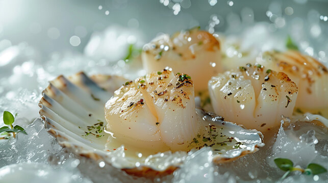Sea delicacy. Fresh seafood. Scallop on scallop shell and ice on white background. Top view food banner with copy space.