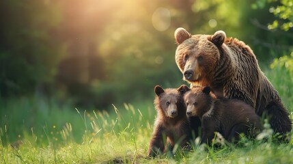 Uma mãe ursa e seus filhotes em um campo
