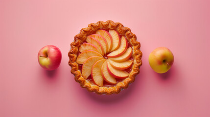 Baked apple pie on romantic  light pastel pink background with copy space and two apples. Sweet...