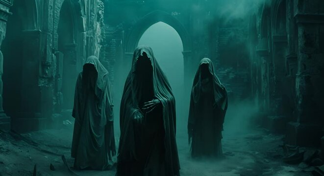 Necromantic ritual with eerie phantasmal figures