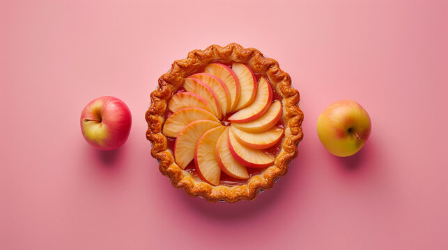 Baked apple pie on romantic  light pastel pink background with copy space and two apples. Sweet tasty dessert food retro banner. Flat-lay, top view.