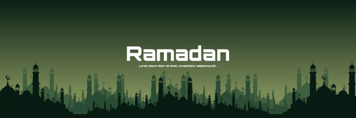 Ramadan night sky vector illustration with mosque silhouette ramadan good for web banner, ads banner, booklet, wallpaper, background template, and advertising