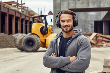 Obraz premium Confident builder in headphones, crossed arms, construction site.