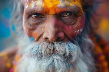 Portrait of an old Hindu man, with face and beard stained by colored powders of holi festival.