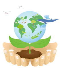 Hand holding sprouts and earth environment illustration, Arbor Day, Environment Day, Earth Day