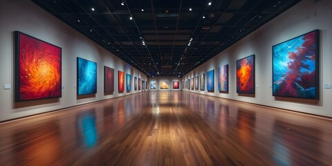 Contemporary art exhibits hung on gallery walls with hardwood floors. Concept Contemporary Art, Gallery Walls, Hardwood Floors, Art Exhibits - obrazy, fototapety, plakaty