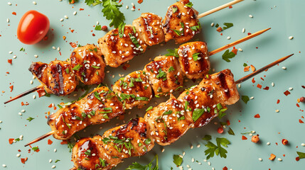  Chicken fillet yakitori on a teal green table background. Appetising shish kebab of fried chicken on skewers with honey glaze, herbs and sesame seeds. Epicure food banner with copy space.