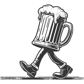 recommend clip art: walking animated beer mug with a cheerful face, in a vintage black and white engraving style sketch engraving generative ai raster illustration. Scratch board imitation. Black and white image.