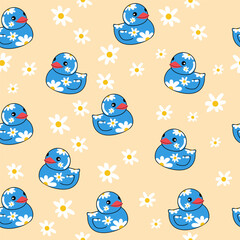 Rubber blue duck and daisies seamless pattern. Vector illustration - 761348505