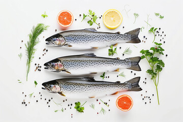 Raw fish - trout with lemon, sea salt, rosemary and pepper on a rustic white background. Oily fish...